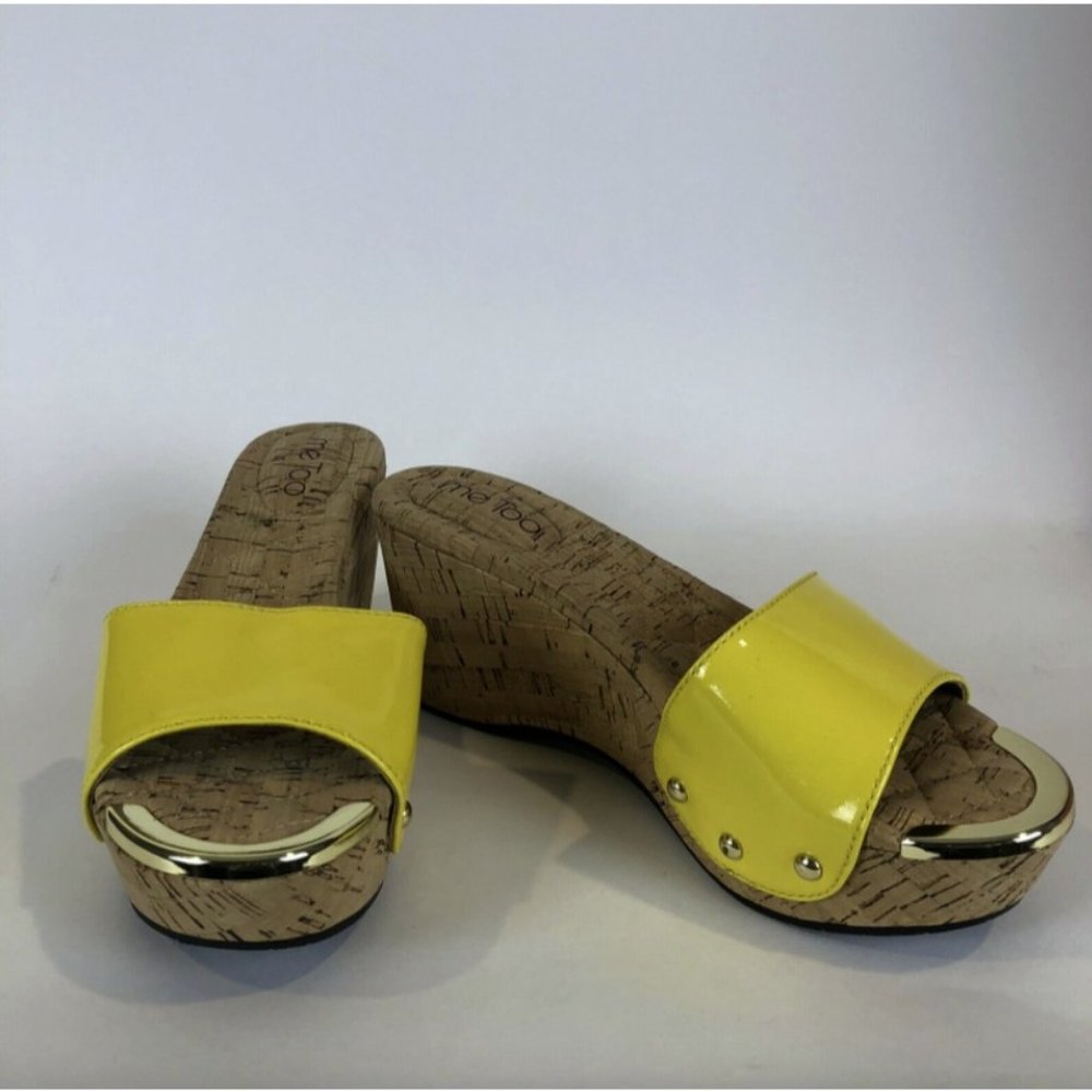 me too Yellow Patent Cork Wedge Sandals